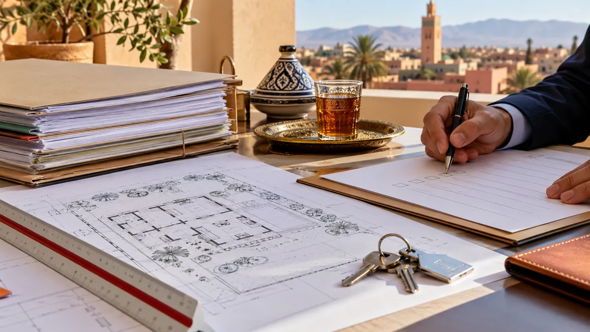 ملف بناء ومخطط معماري ومفاتيح أرض مرتبة فوق طاولة
