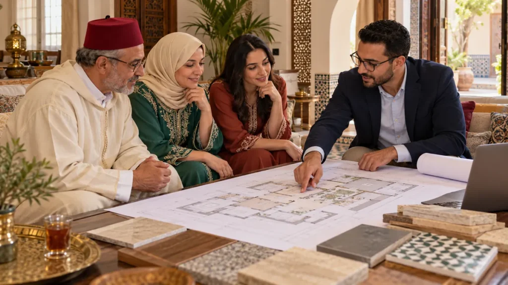عائلة مغربية تراجع مخطط منزل مع مهندس معماري