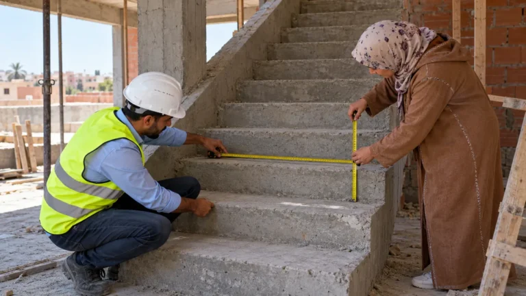 مهندس وصاحب منزل يراجعان درجًا خرسانيًا قيد التنفيذ داخل ورش