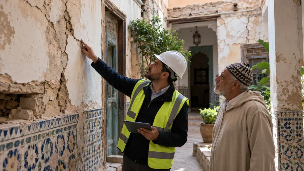 مهندس يفحص تشققات وتشطيبات متضررة داخل منزل مغربي قديم