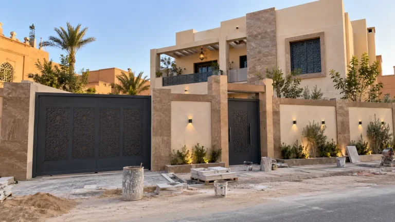 ورش منزل مغربي تظهر فيه مراحل الأساسات والهيكل والتشطيب