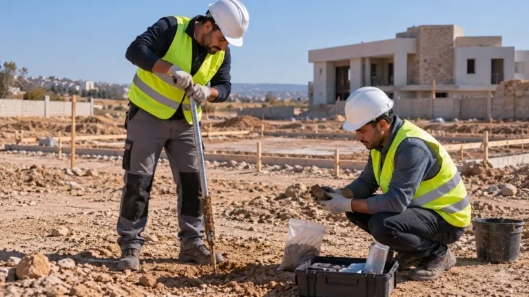 تقنيون يأخذون عينات من تربة أرض قبل بدء البناء