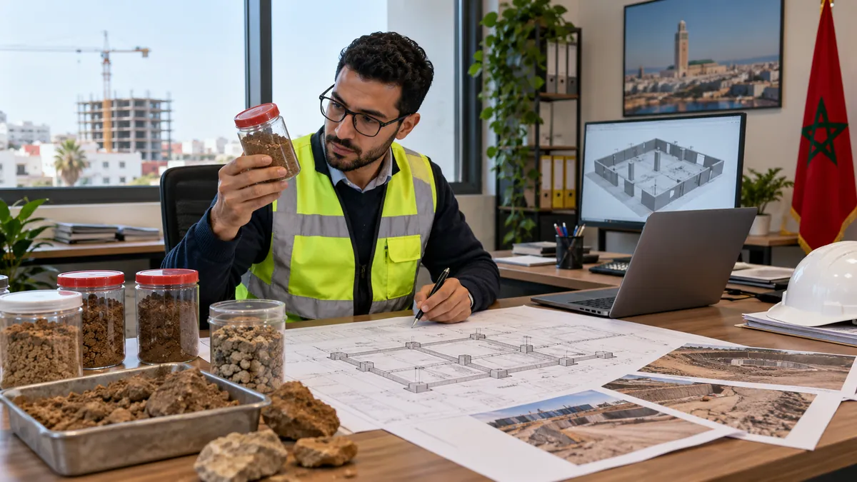 مهندس مغربي يراجع عينات التربة ومخطط الأساسات