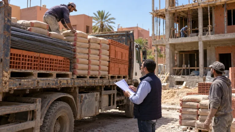 صاحب مشروع يراجع حمولة الإسمنت والحديد والطوب عند وصولها إلى ورش بناء مغربي