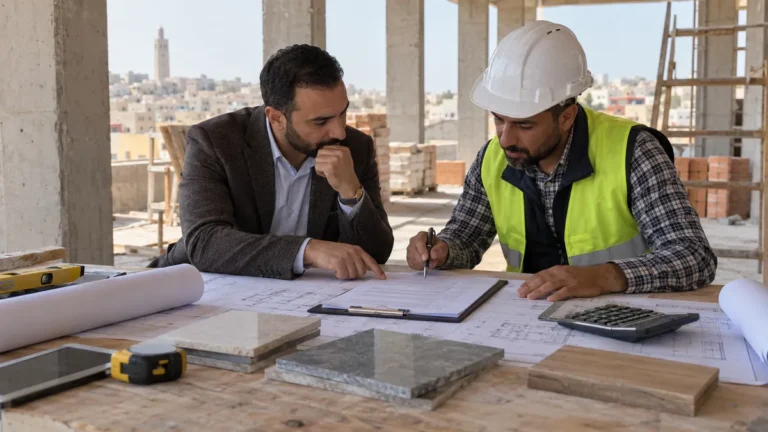 صاحب مشروع ومهندس يراجعان بنود اتفاق البناء والمخططات داخل الورش