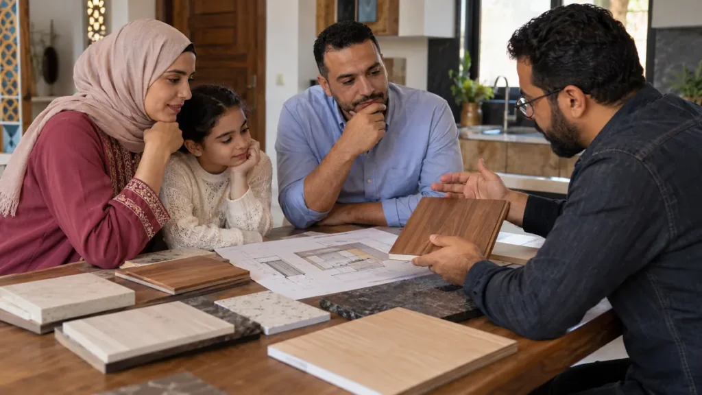 أسرة تختار عينات سطح وخشب وألوان لتجهيز مطبخ قبل طلب الخزائن
