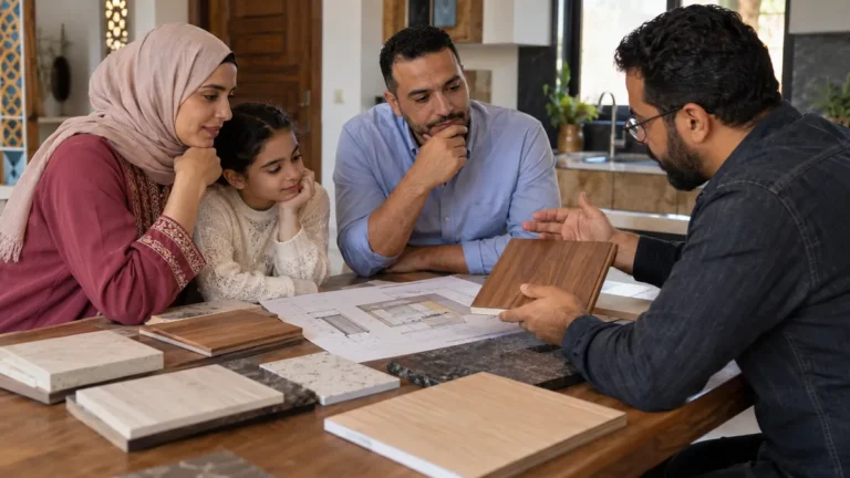 أسرة تختار عينات سطح وخشب وألوان لتجهيز مطبخ قبل طلب الخزائن