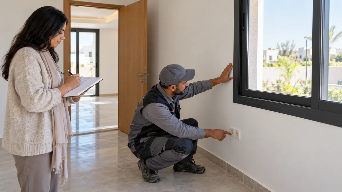 مهني وصاحبة منزل يوثقان ملاحظات الكهرباء والجدار قرب نافذة أثناء الاستلام