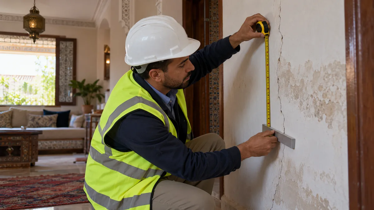 مهندس يفحص تشققات في جدار منزل مغربي أثناء معاينة تقنية