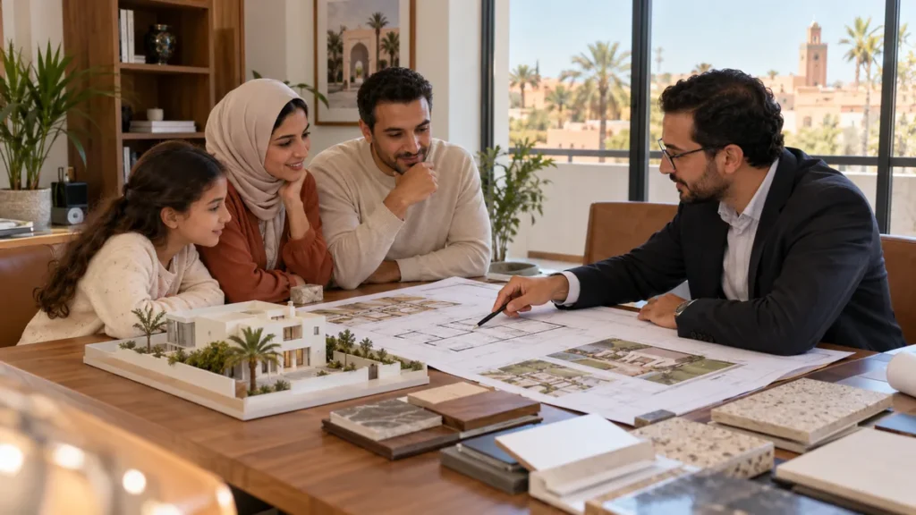 مالك منزل يراجع عقد التصميم مع مهندس معماري في مكتب مغربي