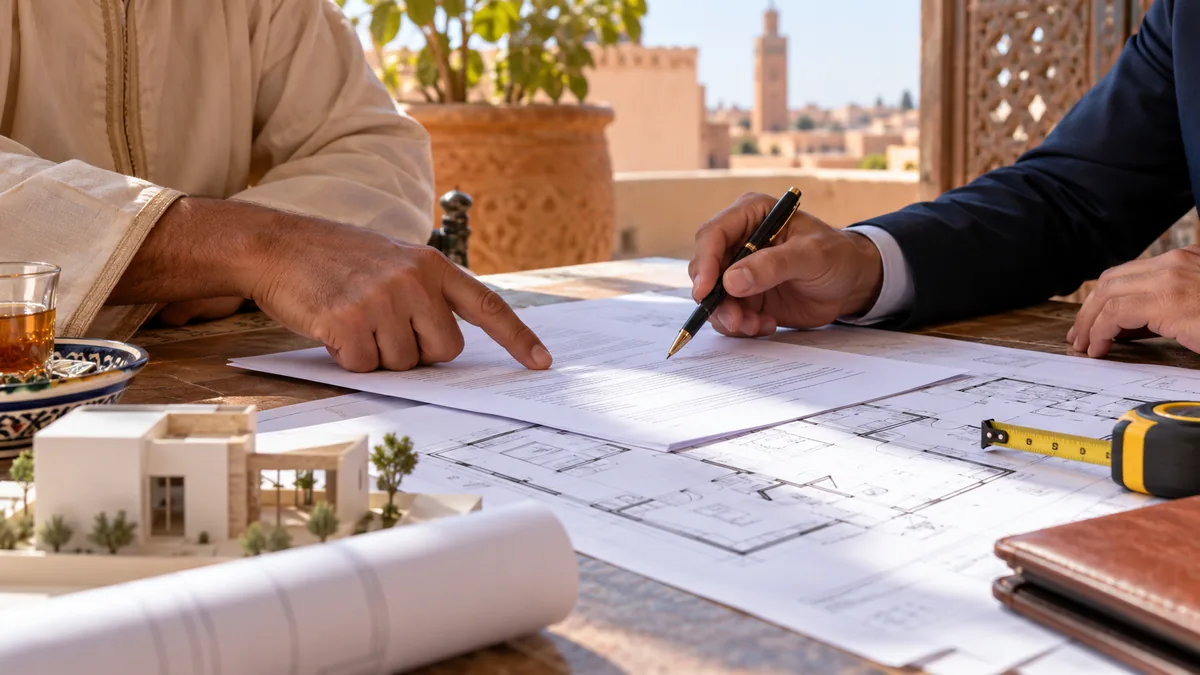 مالك منزل يراجع مخطط البناء وبنود الاتفاق مع مهندس معماري في مكتب مغربي