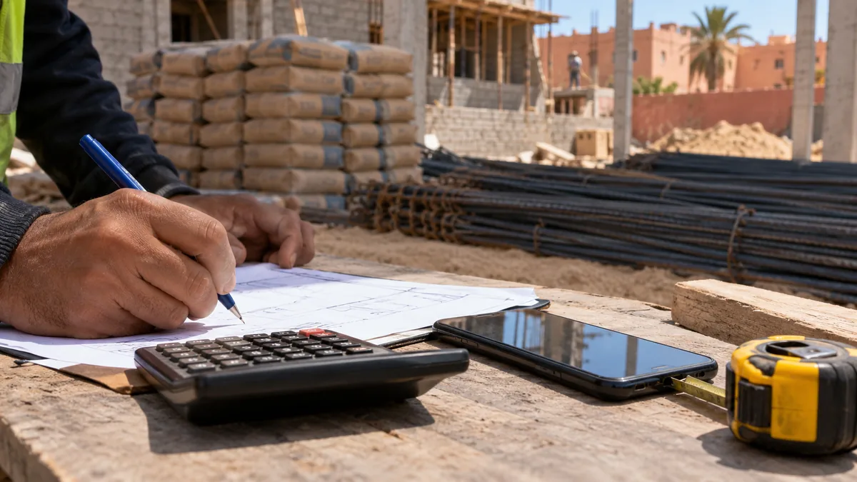 مالك ومقاول يراجعان كميات وأسعار مواد البناء فوق مخطط منزل